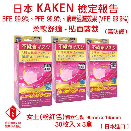 圖片 日本東京大和 - 口罩 成人 醫用口罩 日本進口 BFE+ PFE + VEF 99.9% 三層立體不織布口罩 (粉紅色)(3 盒)(30個/盒)